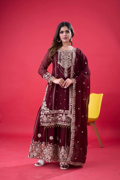 Ceremony Wear Wine Color Rivet Moti Work Sharara Suit