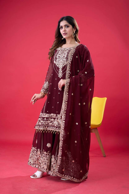Ceremony Wear Wine Color Rivet Moti Work Sharara Suit