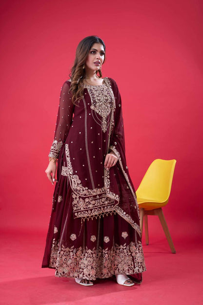 Ceremony Wear Wine Color Rivet Moti Work Sharara Suit