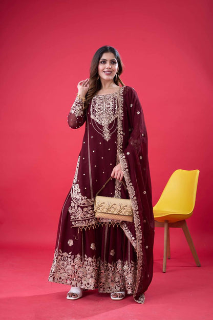 Ceremony Wear Wine Color Rivet Moti Work Sharara Suit