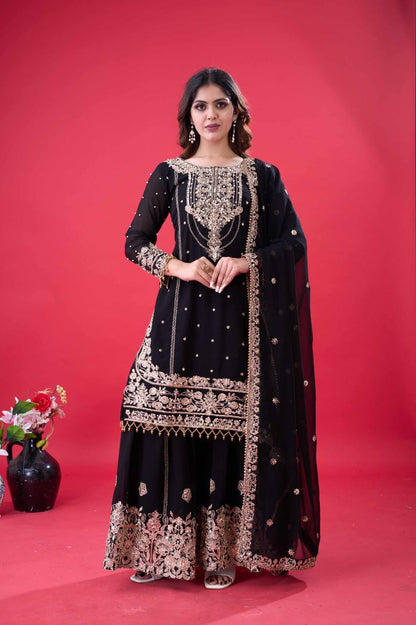 Party Wear Black Color Rivet Moti Work Georgette Sharara Suit