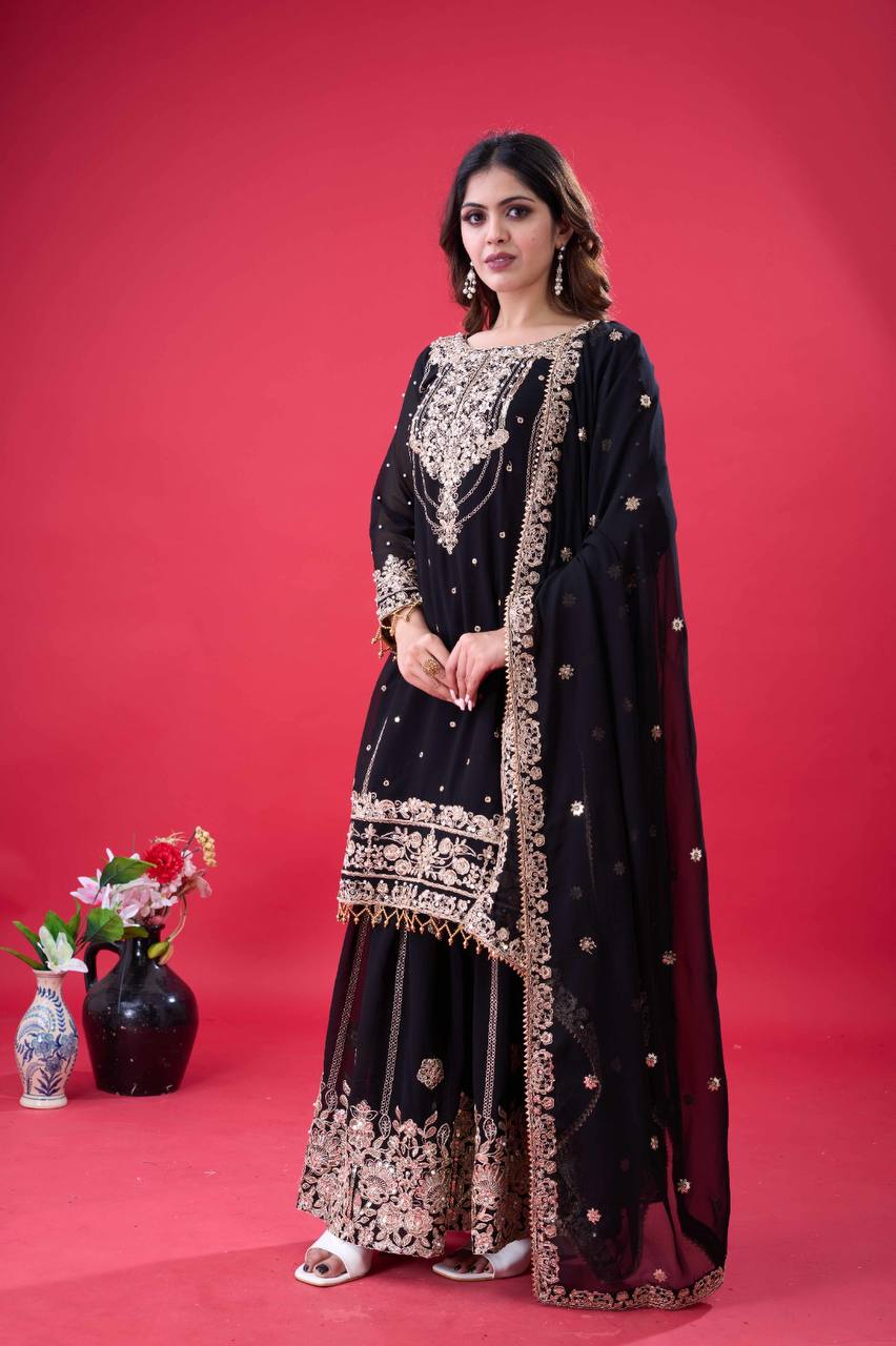 Party Wear Black Color Rivet Moti Work Georgette Sharara Suit