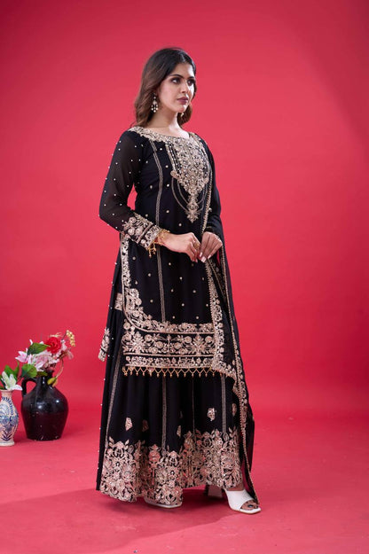 Party Wear Black Color Rivet Moti Work Georgette Sharara Suit