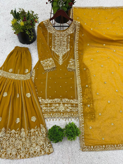 Ceremony Wear Yellow Color Rivet Moti Work Sharara Suit