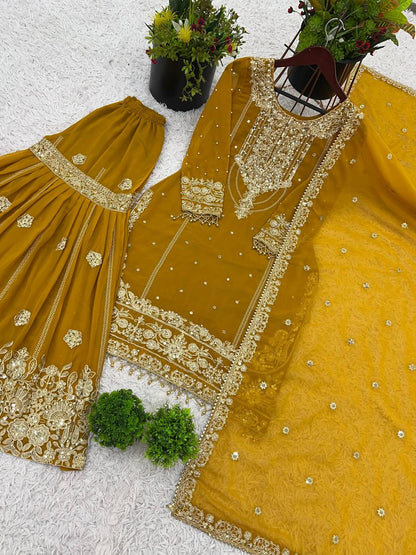 Ceremony Wear Yellow Color Rivet Moti Work Sharara Suit
