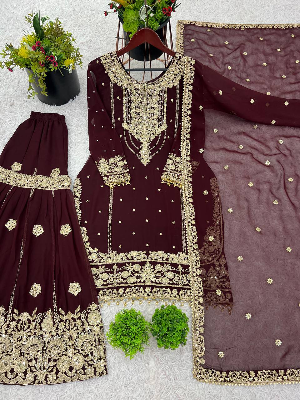 Ceremony Wear Wine Color Rivet Moti Work Sharara Suit