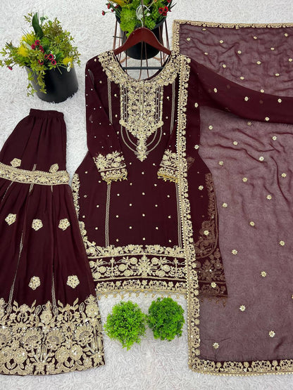 Ceremony Wear Wine Color Rivet Moti Work Sharara Suit