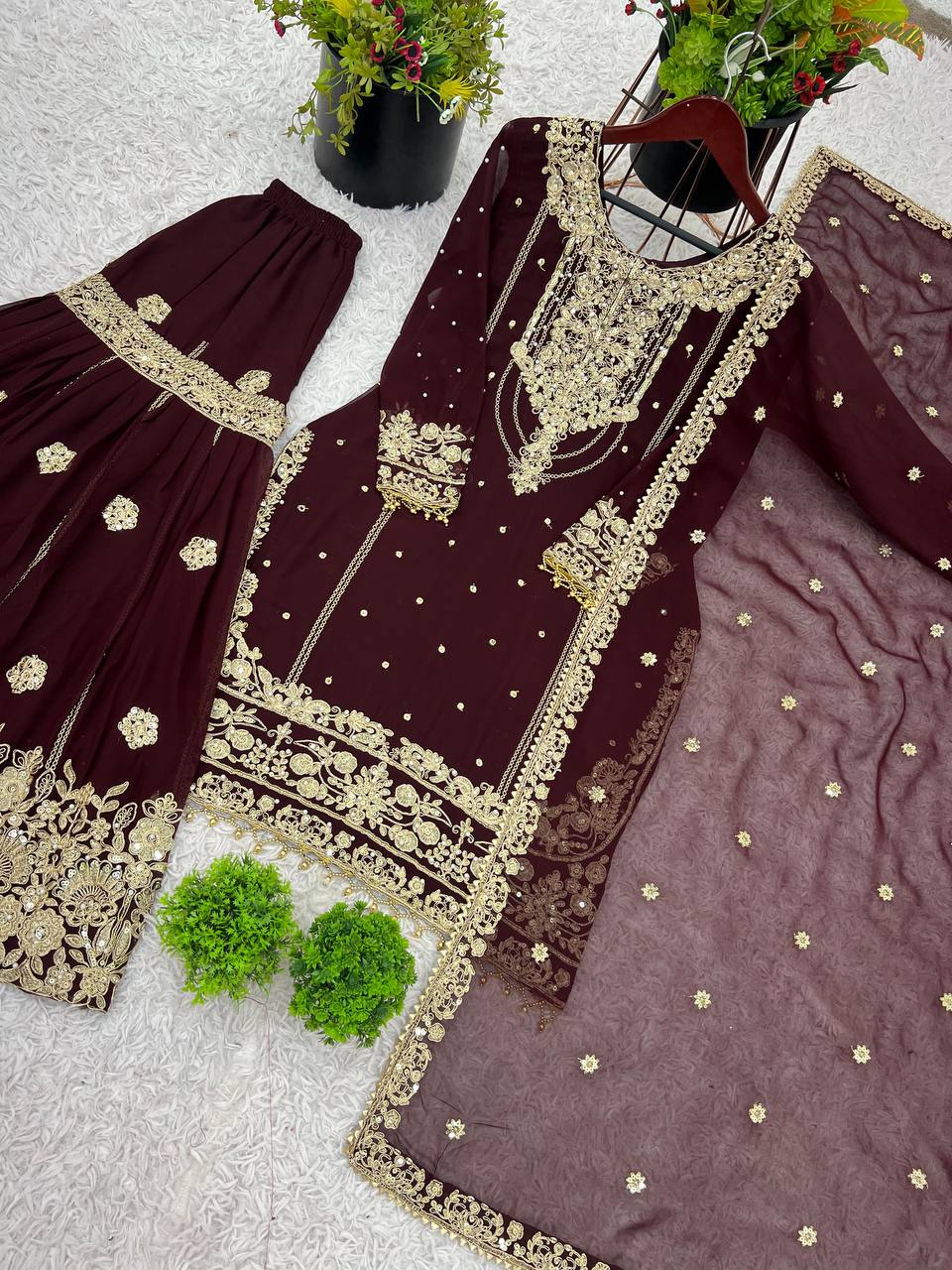 Ceremony Wear Wine Color Rivet Moti Work Sharara Suit
