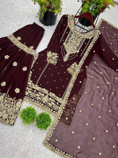 Ceremony Wear Wine Color Rivet Moti Work Sharara Suit
