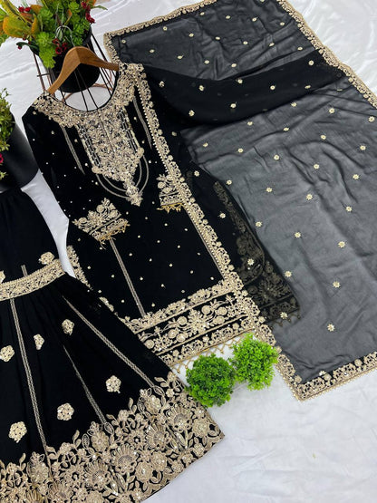 Party Wear Black Color Rivet Moti Work Georgette Sharara Suit