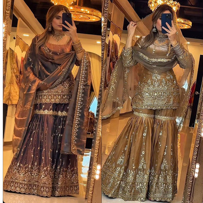 Party Wear Fendy Crush Silk Embroidered Sharara Suit Set