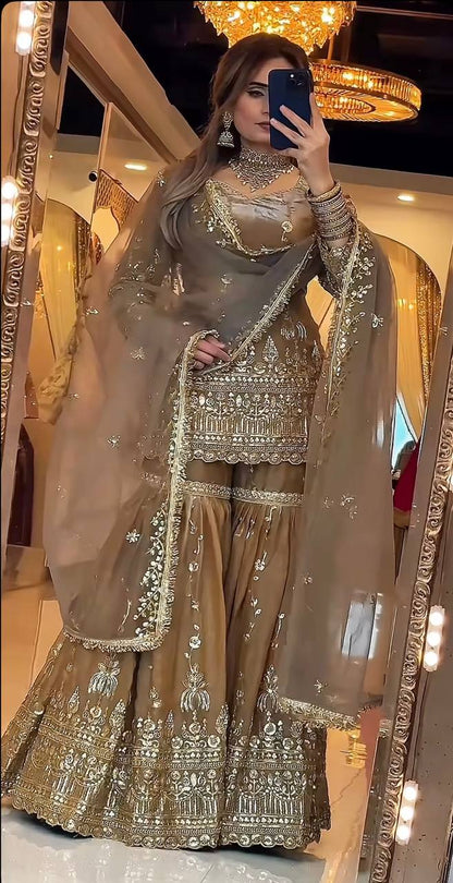 Party Wear Fendy Crush Silk Embroidered Sharara Suit Set
