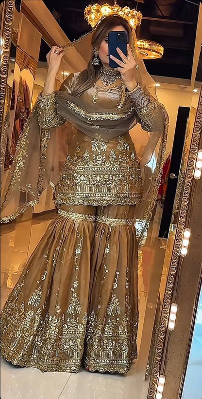 Party Wear Fendy Crush Silk Embroidered Sharara Suit Set