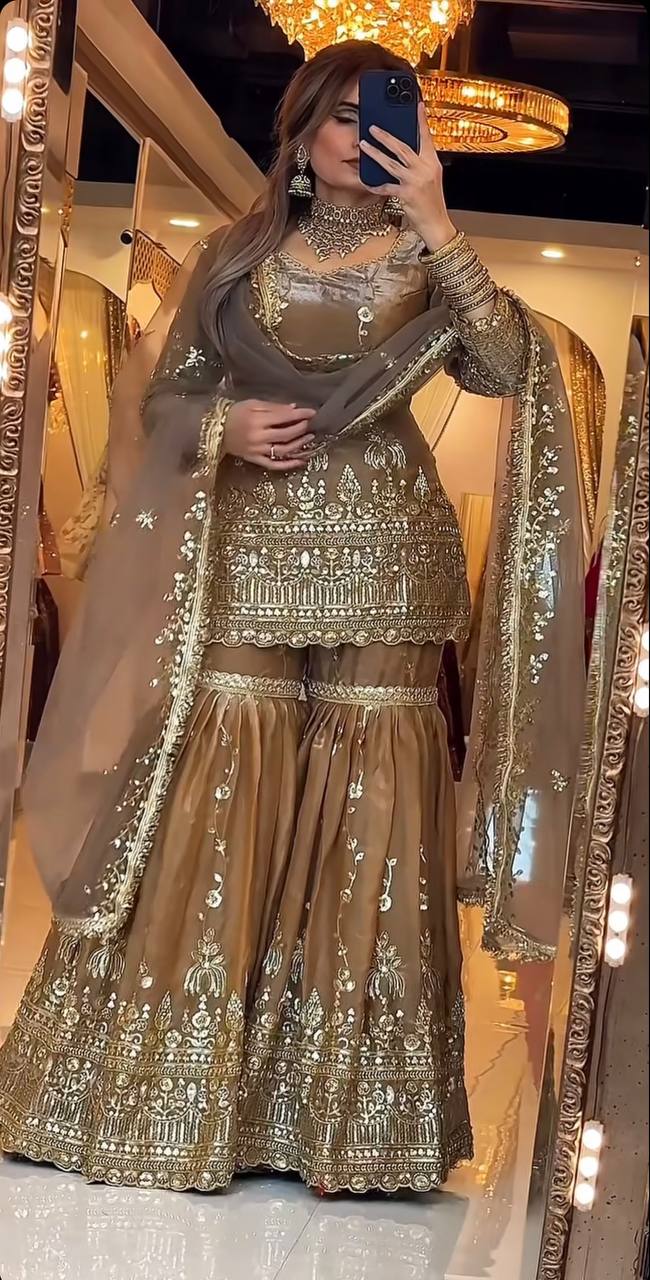 Party Wear Fendy Crush Silk Embroidered Sharara Suit Set