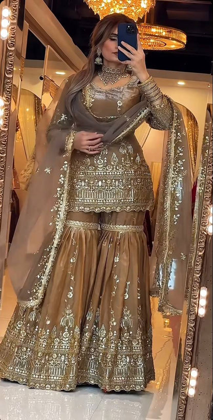 Party Wear Fendy Crush Silk Embroidered Sharara Suit Set