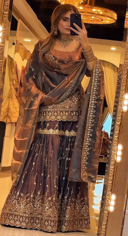 Party Wear Fendy Crush Silk Embroidered Sharara Suit Set