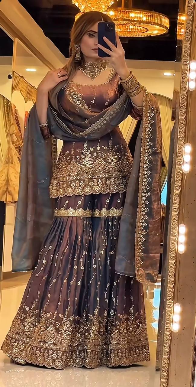 Party Wear Fendy Crush Silk Embroidered Sharara Suit Set