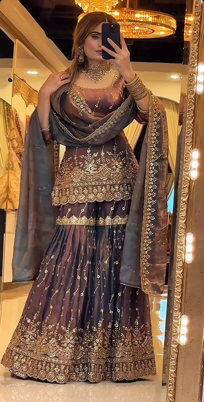 Party Wear Fendy Crush Silk Embroidered Sharara Suit Set