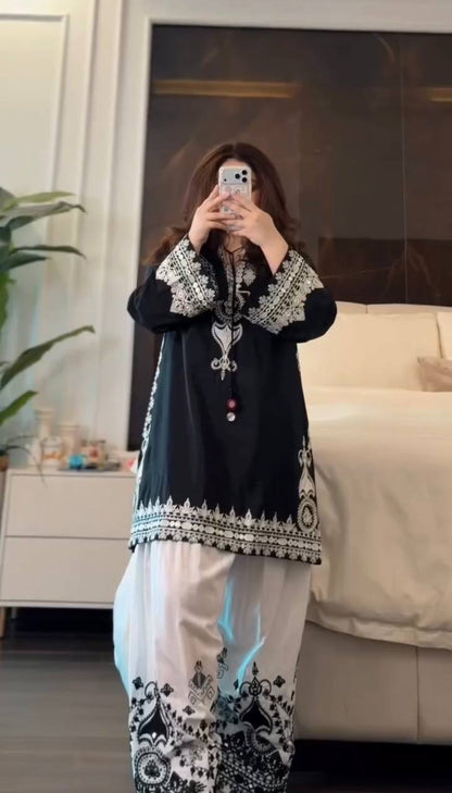 Awesome Black Color Sequence Embroidered Farsi Suit With Dupatta Set