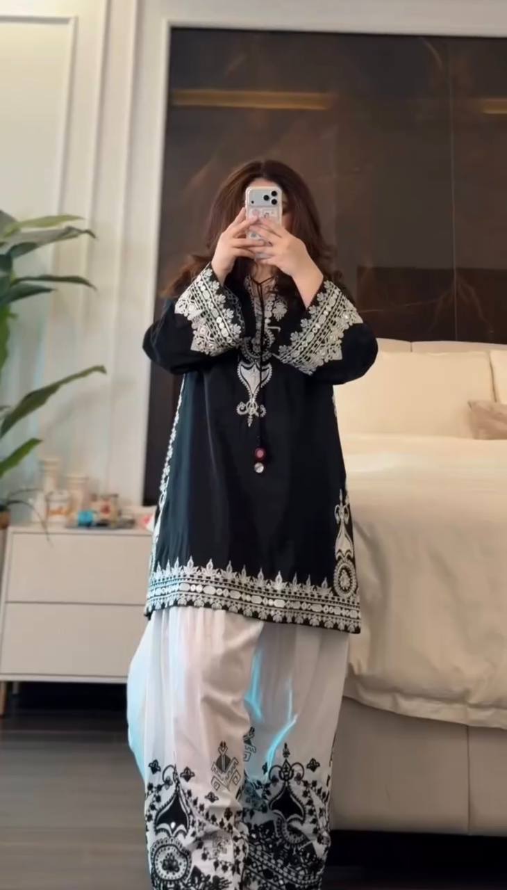 Black And White Color Crepe Silk  Embroidered Farshi Suit Set