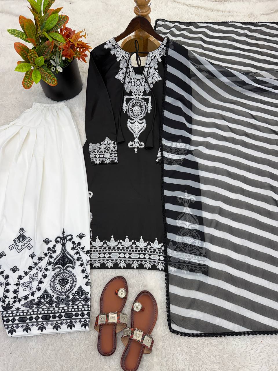 Black And White Color Crepe Silk  Embroidered Farshi Suit Set