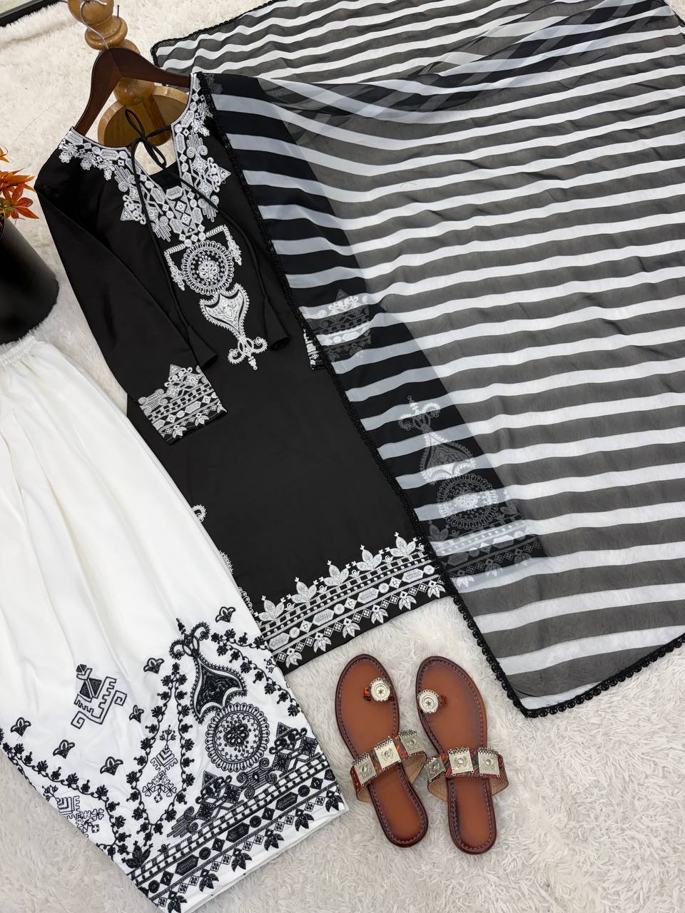 Awesome Black Color Sequence Embroidered Farsi Suit With Dupatta Set