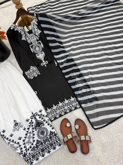 Awesome Black Color Sequence Embroidered Farsi Suit With Dupatta Set