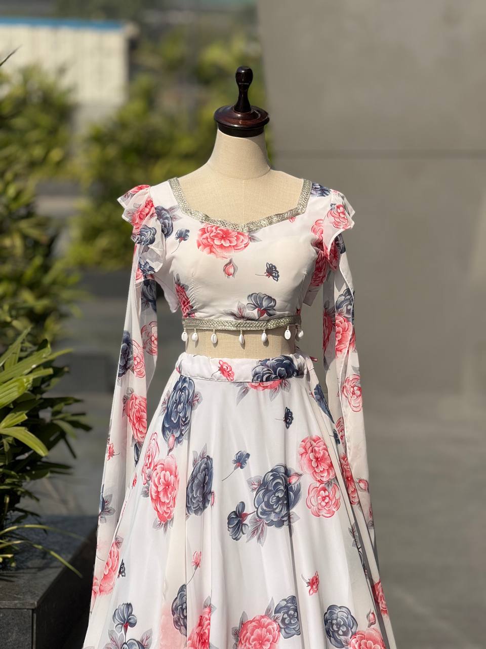Designer Off White Color Printed Georgette Fully Stitched Lehenga Set