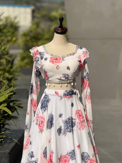 Designer Off White Color Printed Georgette Fully Stitched Lehenga Set