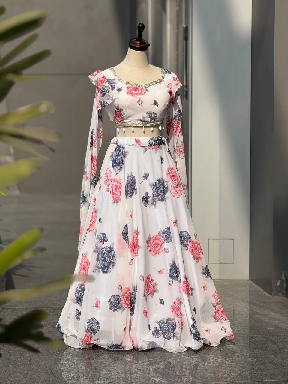 Designer Off White Color Printed Georgette Fully Stitched Lehenga Set