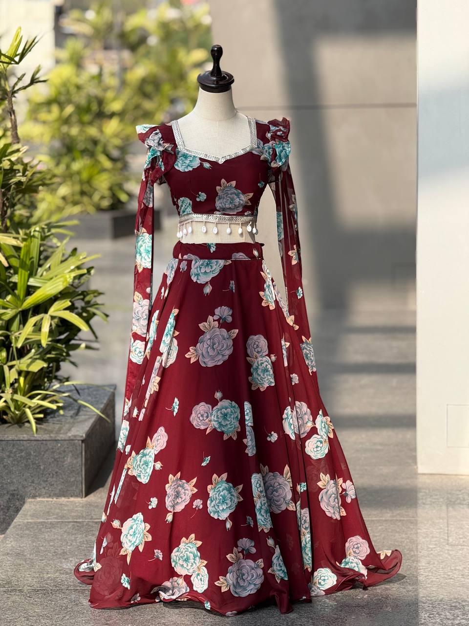 Wedding Wear Maroon Color Printed Georgette Fully Stitched Lehenga Set