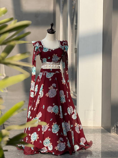 Wedding Wear Maroon Color Printed Georgette Fully Stitched Lehenga Set