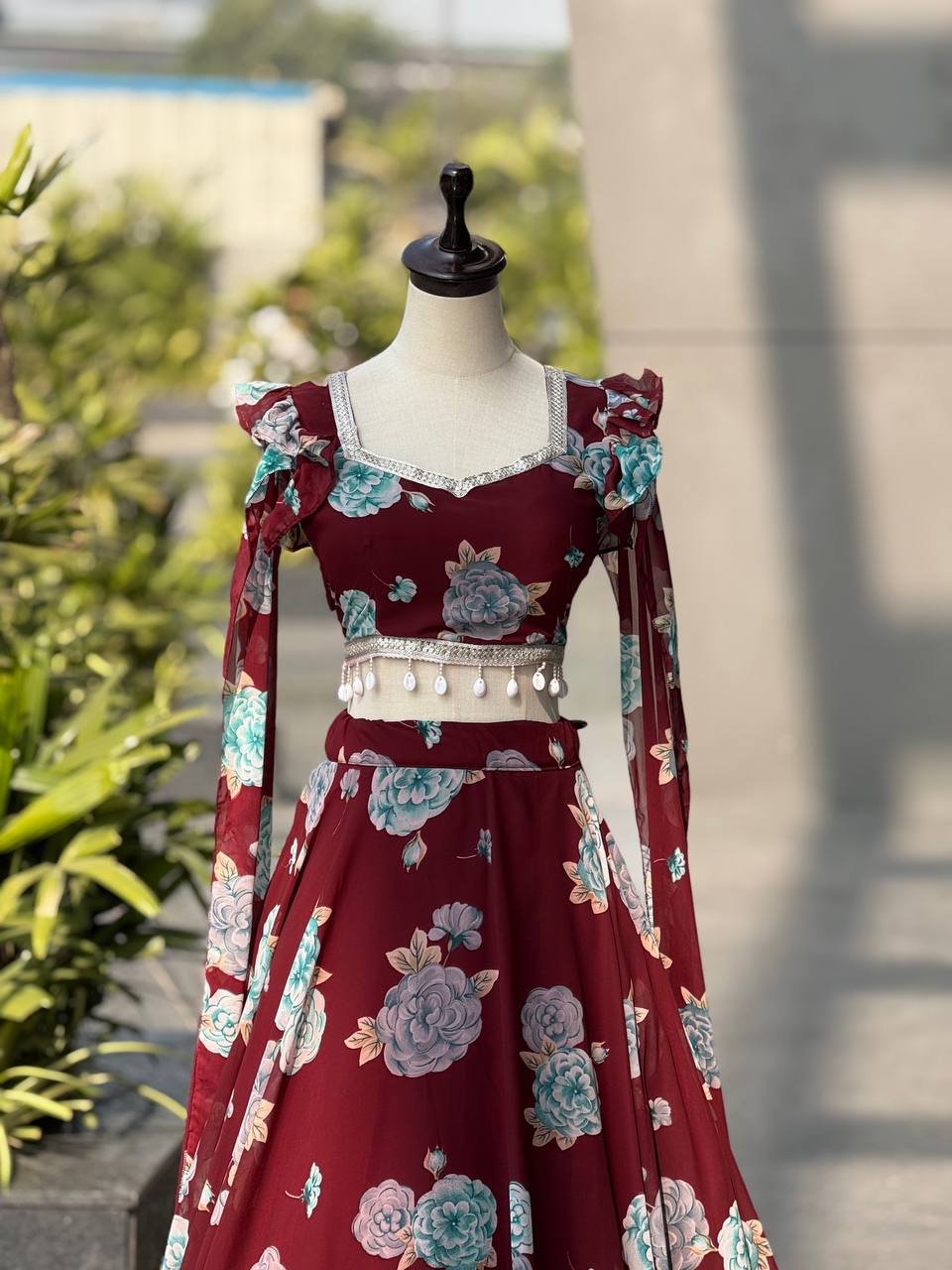 Wedding Wear Maroon Color Printed Georgette Fully Stitched Lehenga Set