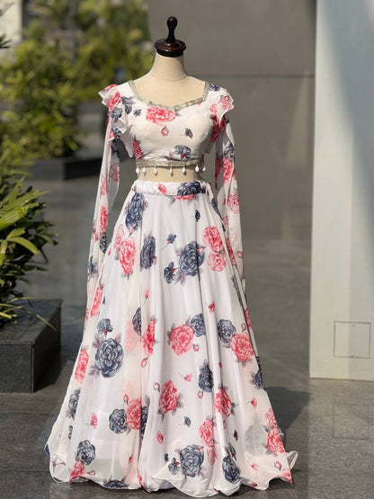 Designer Off White Color Printed Georgette Fully Stitched Lehenga Set
