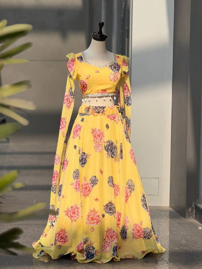 Haldi Wear Yellow Color Printed Georgette Fully Stitched Lehenga Set