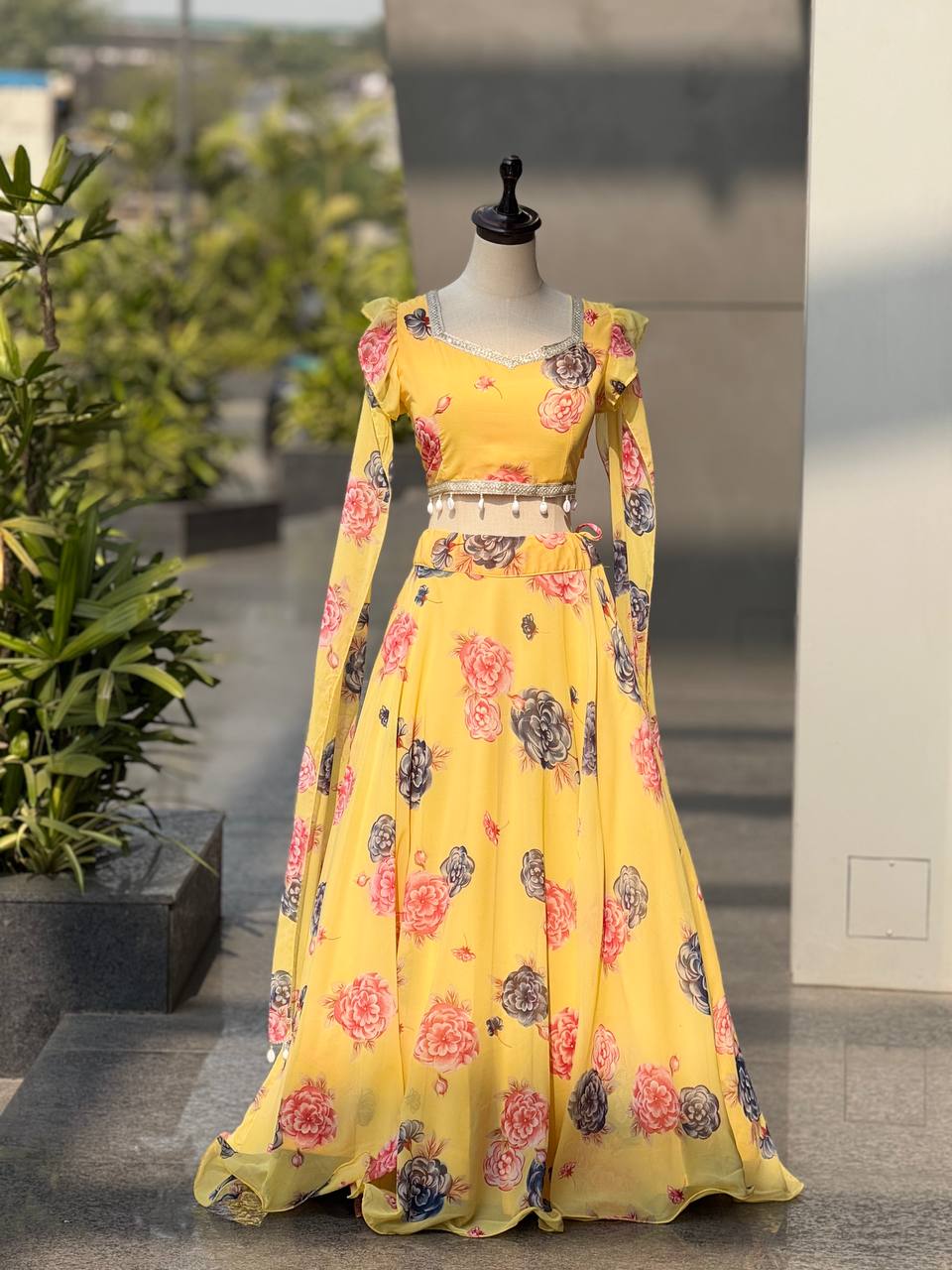 Haldi Wear Yellow Color Printed Georgette Fully Stitched Lehenga Set