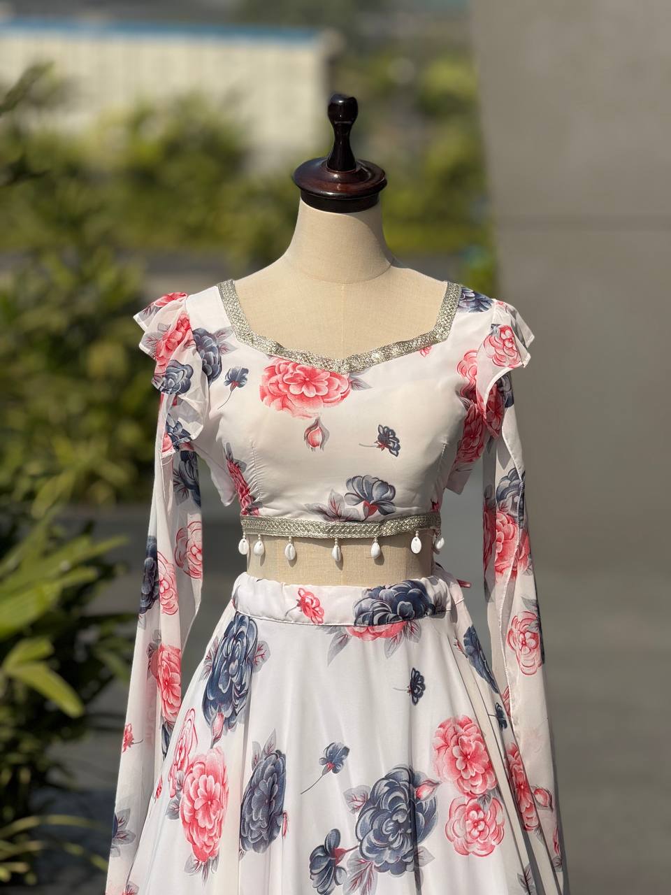 Designer Off White Color Printed Georgette Fully Stitched Lehenga Set