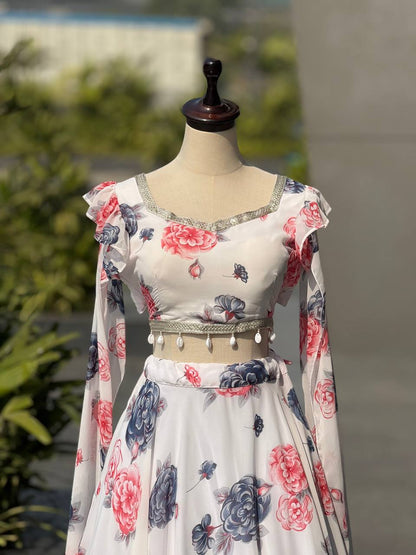 Designer Off White Color Printed Georgette Fully Stitched Lehenga Set