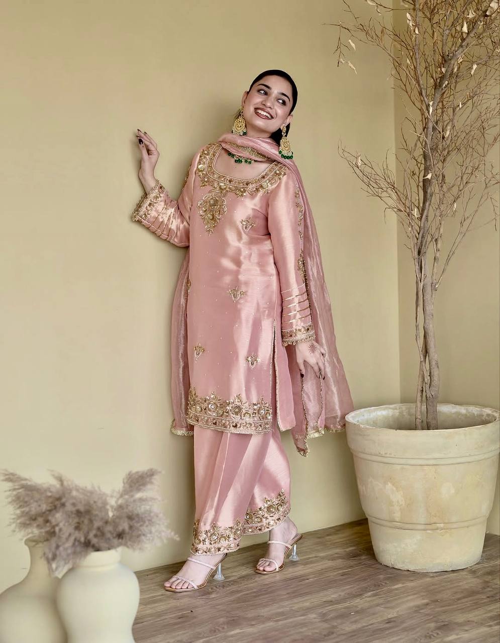 Peach Color Silk Embroidered Handwork Palazzo Salwar Suit Set
