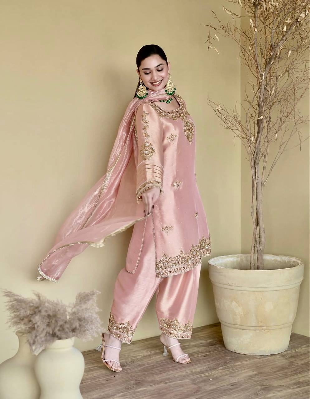 Peach Color Silk Embroidered Handwork Palazzo Salwar Suit Set