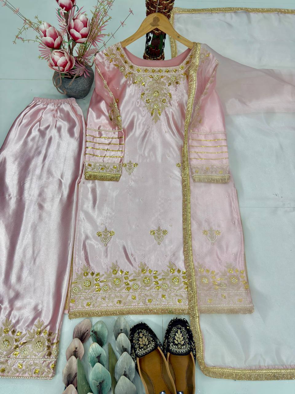 Peach Color Silk Embroidered Handwork Palazzo Salwar Suit Set
