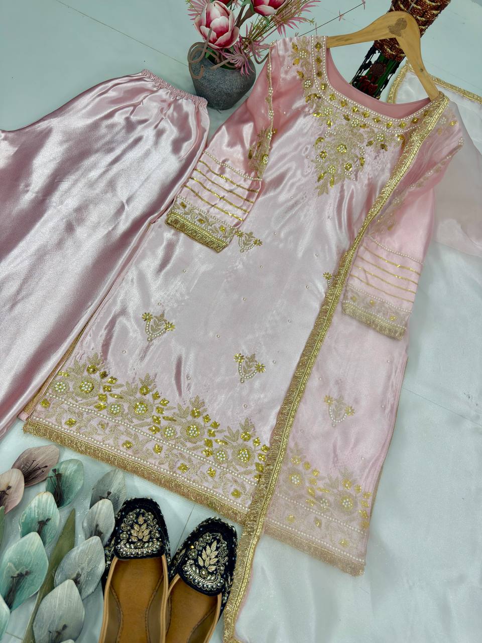 Peach Color Silk Embroidered Handwork Palazzo Salwar Suit Set