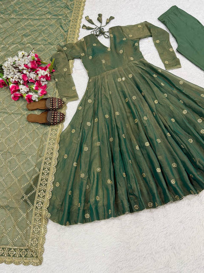 Glorious Green Color Sequence Embroidered Anarkali Suit With Dupatta