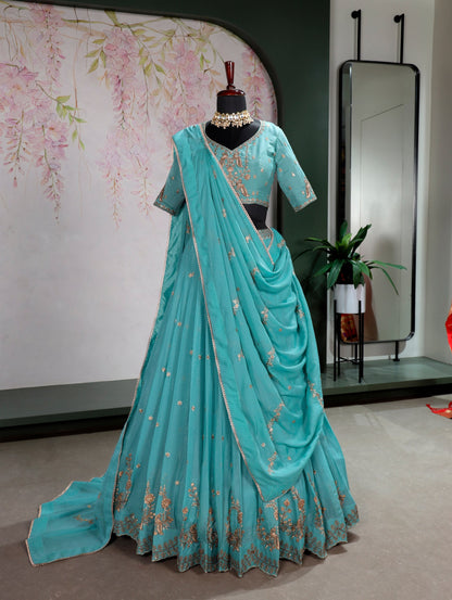 Stunning Sky Blue Color Sequence Embroidered Lehenga Choli