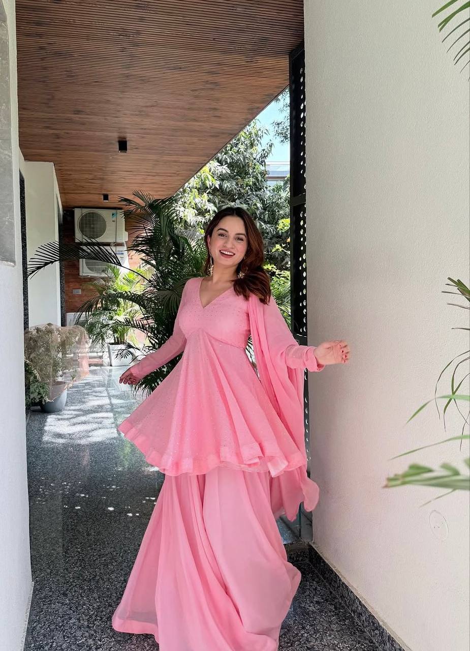 Party Wear Pink Color Faux Blooming Palazoo Suit With Kurta Top