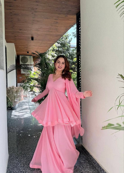 Party Wear Pink Color Faux Blooming Palazoo Suit With Kurta Top