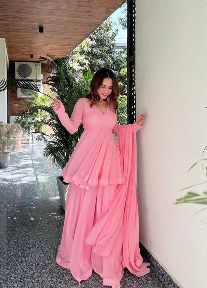 Party Wear Pink Color Faux Blooming Palazoo Suit With Kurta Top