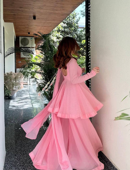 Party Wear Pink Color Faux Blooming Palazoo Suit With Kurta Top