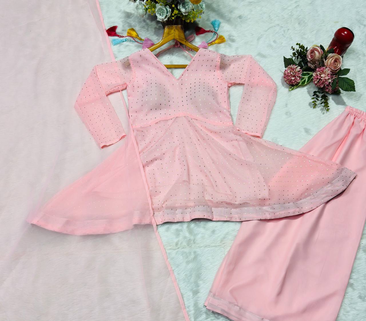 Party Wear Pink Color Faux Blooming Palazoo Suit With Kurta Top