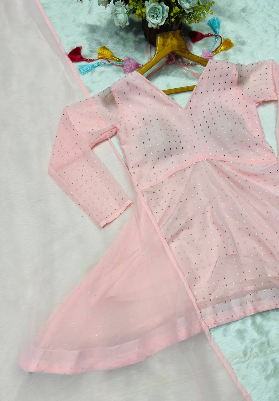 Party Wear Pink Color Faux Blooming Palazoo Suit With Kurta Top